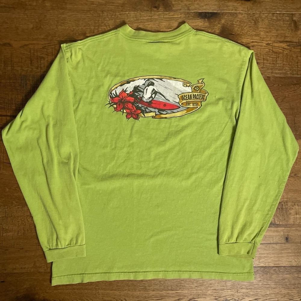 Ocean Pacific Long Sleeve Shirt Mens XL Green Y2K Surf Floral Skateboarding
